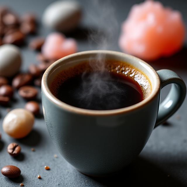 Espresso arricchito con cristalli di sale tra grani di caffè tostati